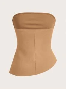 SHEIN Essnce 女士休闲日常通勤度假纯色褶皱修身抹胸上衣 - 卡其色 - 查看 2