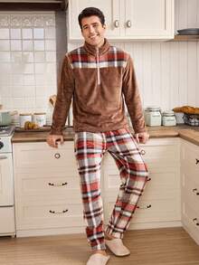 CoupledUp Contrast Plaid Flannel Casual Loose Men's Pajama Set - Brown - View 7