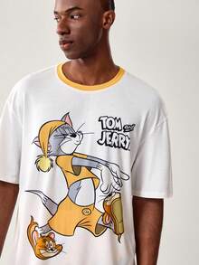 TOM & JERRY X SHEIN Men's Comfortable Cartoon Print Short Sleeve T-Shirt And Pants Loungewear Set, Summer - White - View 4