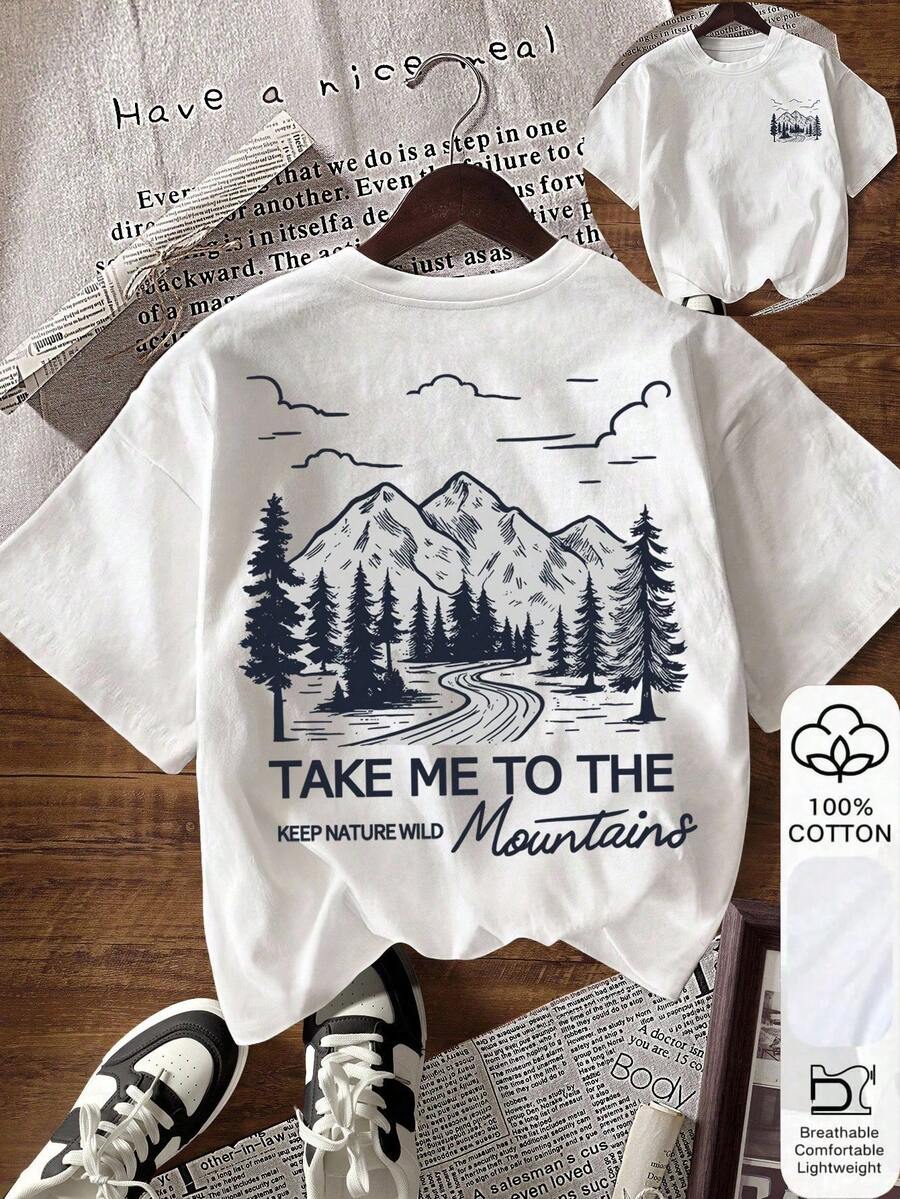 SHEIN Women's Casual Letter & Mountain Print Round Neck Short Sleeve T-Shirt, Summer