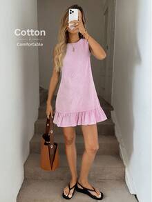 Easowa Blue & White Stripe Ruffle Hem Sleeveless Round Neck Mini Dress For Women,Summer Dresses For Women - Pink - View 4