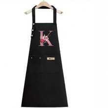 1PC Alphabet Series Black Base With Colorful Letters And Holographic Flower Pattern Cute Heart Print Apron, Perfect For Parties And Weddings, Made Of Peach Skin Fabric, Suitable For Kitchen, And Home Use – Unique Initial Letter Meaning Style. - Multicolor - View 12