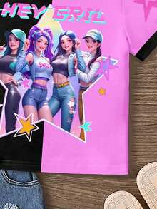 SHEIN Back To School Cartoon Young Girl Colorful Purple & Black Contrast Color Casual Minimalist Round Neck Short Sleeve T-Shirt, Suitable For Summer, Outdoor Picnic, Street Style, Home, Campus - Multicolor - View 6