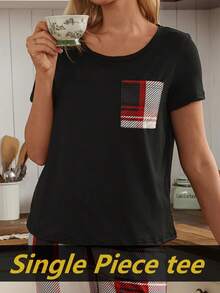 SHEIN Doze Lane 女士休闲单件上衣，格子印花口袋短袖睡衣上衣 - 黑色 - 查看 6