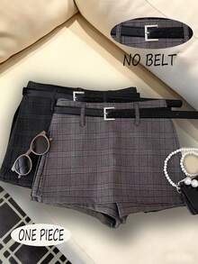 SHEIN Franclia 复古时尚格纹收腰开衩迷你裙，修身又不失端庄，休闲时尚铅笔裙，女士必备 - 灰色 - 查看 1