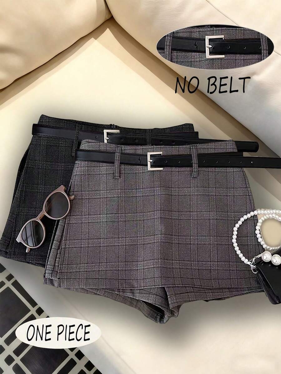 SHEIN Franclia 复古时尚格纹收腰开衩迷你裙，修身又不失端庄，休闲时尚铅笔裙，女士必备 - 灰色 - 查看 1