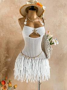 Soleia Women's Sexy Backless Tassel Hem Vacation Knit Dress Vacation Outfits Women Summer Holiday Outfits Summer Dress  Valentine's Day Beach Dress White Dress