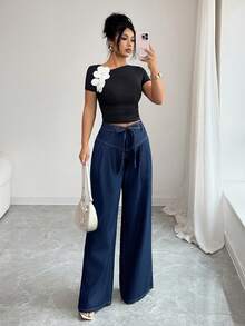 Elenzga 女士纯色褶裥口袋直筒宽松牛仔裤 - 藍色 - 查看 4
