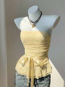 Comfortcana 女士Y2K风格打结蕾丝抹胸上衣，无肩带荷叶边露脐上衣，奶油黄 - 淡黃色 - 查看 5