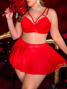 SHEIN 情人节加大码经典性感红色浪漫爱心蕾丝网纱上衣+丁字裤+迷你裙三件套 - 紅色 - 查看 1