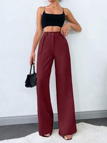 SHEIN Tall 100%纯棉高腰女士纯色斜口袋直筒裤 - 酒紅色 - 查看 4