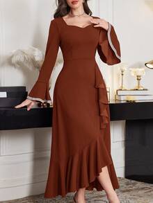 Modelyn Women's Extra Long Flare Sleeve Asymmetrical Ruffle Hem Midi Dress,Coffee Brown Autumn Elegant Dining Spring/Summer Brown Coffee Brown Dress - Rose Red - View 5