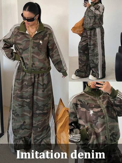 POPSWAY Plus Size Autumn/Winter Faux Denim Print Long Sleeve Zip-Up Jacket + Straight Leg Loose Faux Denim Print Pants, Elegant Retro Casual Resort Sports College 2-Piece Set