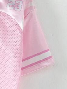 SHEIN Genkimix Kids 女童寬鬆美式運動休閒V領數字圖案球衣T恤，粉色夏季返校 - 粉色 - 查看 4