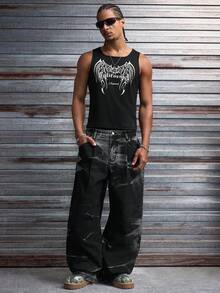 AXEPEAK Men's Washed Loose Casual Pants, Embroidered Design, Stylish & Unique Men Baggy Jeans - Black - View 6