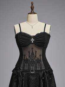 ROMWE Áo liền thân cỡ lớn dành cho nữ, mặt dây chuyền hình thánh giá Gothic, phối ren lãng mạn, họa tiết nhung. - màu đen - Xem 1