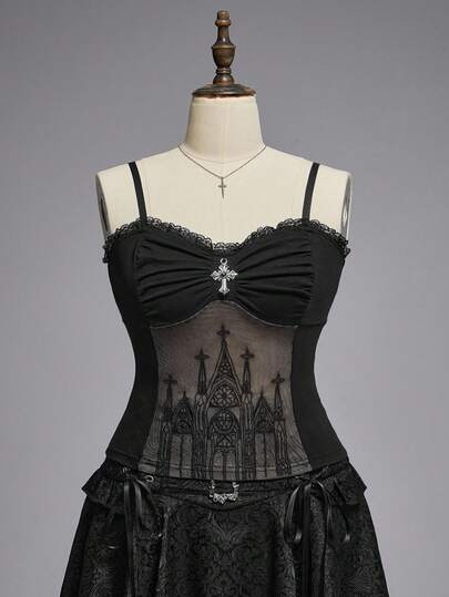 Goth Tuta intera da donna taglie forti, stile gotico, con pendente a croce, romantica, in pizzo e velluto floccato