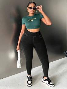 Slaydiva 大码高腰弹力黑色修身牛仔裤镂空服装圣诞节女装感恩节女装返校节冬季牛仔女郎服装抓绒牛仔裤抓绒打底裤 - 黑色 - 查看 5