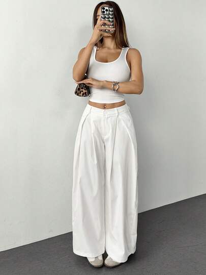 SHEIN PETITE Pantalones anchos de pierna ancha de mujer, pantalones casuales de estilo vintage para verano, ropa de calle y salir, color verde militar con dobladillo curvo, pantalones blancos de pierna ancha para mujer