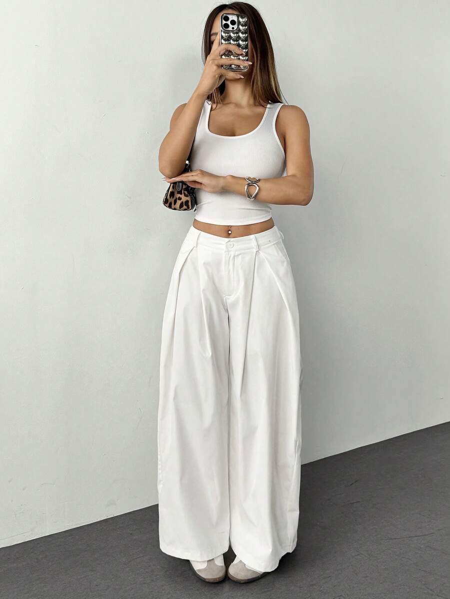 SHEIN PETITE 女士夏季复古休闲街头风外出宽松军绿色弧形裤脚长裤白色阔腿裤