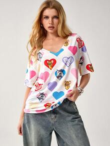 TOM & JERRY X SHEIN Women's Casual Heart & Cartoon Pattern V-Neck Short Sleeve T-Shirt, Summer - White - View 4
