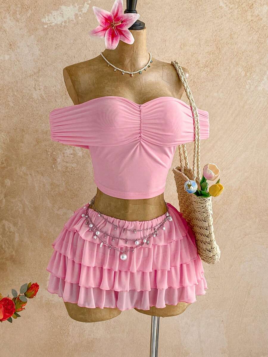 Soleia Bộ gồm áo croptop trễ vai xếp ly và chân váy mini nhiều lớp, phong cách Bohemian, Boho, đi nghỉ mát, trang phục nữ mùa thu, vintage, lễ hội. - Màu Hồng baby - Xem 1
