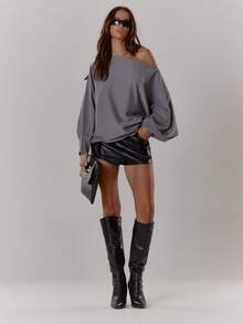 MUSERA Asymmetrical Shoulder Studded Back Wing Oversized Cinched Waist Jumper Y2K Cool Girl Streetstyle Everyday Casual Winter Spring - Grey - View 3