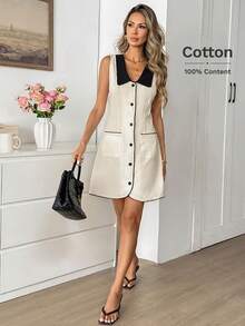 Easowa Sleeveless Lapel Open Front Apricot 100% Cotton Women's Mini Dress, Spring/Summer  Summer Dress  Summer Holiday Outfits Spring Dress Women Spring Break Outfits Valentines Day Dress  Beach Dress  Wedding Guest Dress For Women Summer Holiday Outfits Vacation Outfits Women - Apricot - View 4