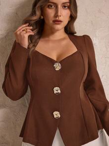 Elegantrix 大码女式心形领金属纽扣时尚衬衫，秋冬款 - 棕色 - 查看 4