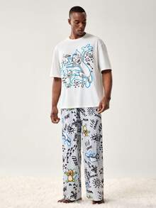 TOM & JERRY X SHEIN Conjunto de ropa de estar en casa con camiseta de manga corta y cuello redondo con estampado de dibujos animados y pantalones largos para hombre - Blanco - Ver 1
