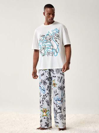 TOM & JERRY X SHEIN Men's Cartoon Pattern Round Neck Short Sleeve Top And Long Pants Loungewear Set