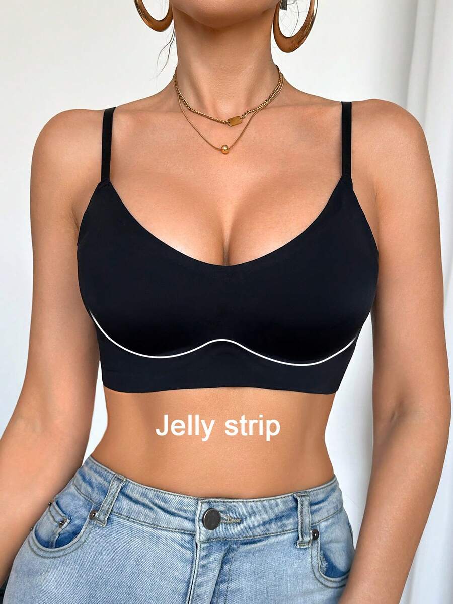 SHEIN Minimalist Comfortable V-Neck Gather Seamless Jelly Adhesive Bra - Black - View 1