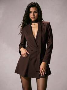 SHEIN Glamour 女士梭织面料收腰双排扣领西装外套，优雅百搭，适合派对、度假、办公、通勤、约会、万圣节、圣诞节等场合，棕色西装外套 - 棕色 - 查看 3