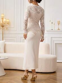 Modelyn Lace Patchwork Square Neck Button Waist Bodycon Midi Dress For Women - Apricot - View 7