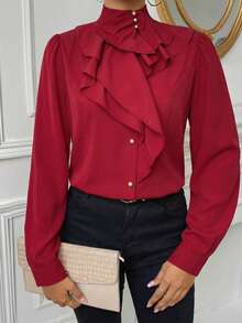 Firerie Blusa de mujer con cuello de jabot y mangas abullonadas, de unicolor, adecuada para el trabajo y el transporte, primavera/otoño - Rojo - Ver 5