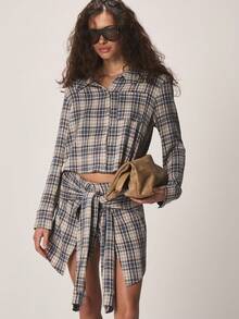 MISSGUIDED 格纹印花迷你裙，正面系带设计，不对称裙摆，适合秋冬季穿着 - 藍色 - 查看 4