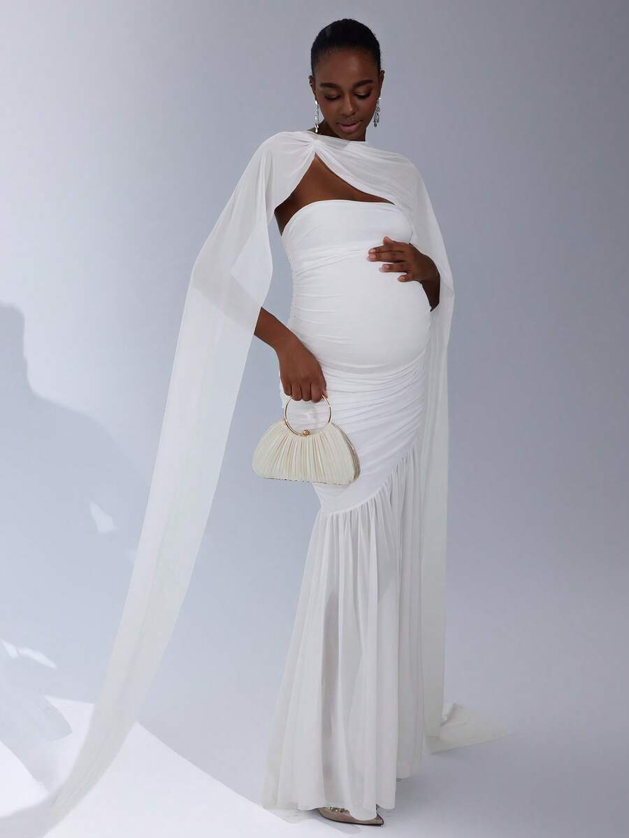 Cheriluna Maternity Elegant Maternity Photography Dress, High Stretch Shawl Collar Dress, Fitted Maternity Gown Maternity White Dress Pregnancy Photoshoot Dress Pregnancy Clothing Pregnant Outfits - White - View 1