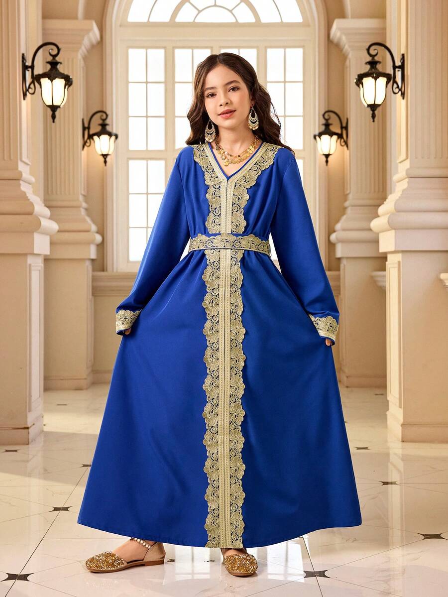 Đầm dài tay cổ chữ V thanh lịch dành cho bé gái tuổi teen, trang trí họa tiết thêu. - Xanh đậm - Xem 1