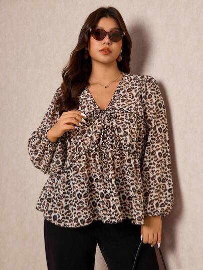 Elaquor Plus Size Fashionable Commuter Leopard Print Lantern Sleeve Shirt Arabian