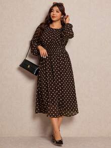 Elaquor 大码女式波点印花圆领灯笼袖休闲连衣裙 - 咖啡棕 - 查看 3