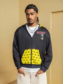 SHEIN Felix The Cat Men's Colorblock Letter & Cartoon Graphic Zip-Up Hoodie - Black - View 6