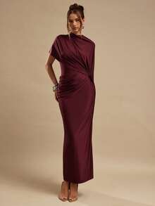 SHEIN BAE Elegant Sleeveless Wrap Dress, Solid Deep Wine Red, Fitted Ruched, Spring/Summer - Burgundy - View 4