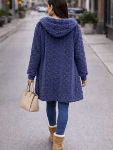 Abrigo Ligero Delgado Calentito De Peluche con Puño, de uso diario, informal otoño invierno, casual con capucha - Azul - Ver 2