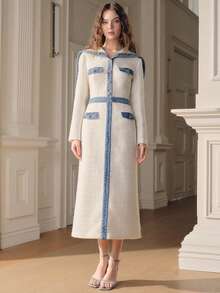 Savoree 优雅女士连衣裙，秋冬新款，时尚显瘦，修身显瘦，尽显高端气质 - 藍白色 - 查看 6