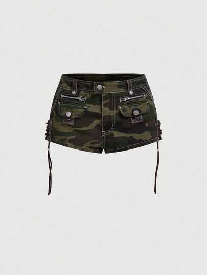 Grunge Punk Shorts vaqueros de cintura baja con estampado de camuflaje sexy para mujer, estilo Y2K