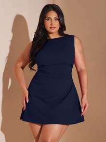 SHEIN BAE Plus Size Women's Red Ruched Mini Dress, Elegant Beach Vacation Dress For Spring/Summer - Navy Blue - View 7