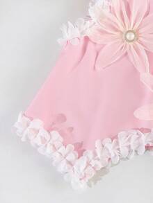 SHEIN Baby Girl Casual Vacation Cute Pink 3D Floral Asymmetric Hem Loose Tank Top And Elastic Waist Pleated Wide Leg Pants Set - Pink - View 4