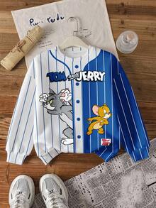 TOM & JERRY X SHEIN Tween Boy Casual Daily Commute Fashion Street Cute Cartoon Letter Patchwork Striped Print Dropped Shoulder Loose Warm Fleece Crew Neck Sweatshirt, Autumn/Winter - White - View 1