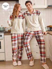 CoupledUp Contrast Plaid Flannel Casual Loose Men's Pajama Set - Apricot - View 4