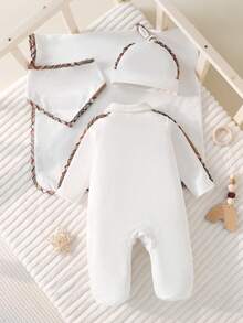 Newborn Baby Pajamas-4 Piece Pajama Set White Plaid Trim Collared Long Sleeve Footed Romper Hat Bib Blanket Classic Elegant Gender Neutral Four Seasons Everyday Wear Special Occasion Holiday 2026 Must Have Premium Heirloom Quality Gift - White - View 2